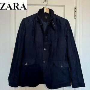 ZARA Men’s Faux Suede Leather Blazer Jacket | Size: 38/Medium | Color: Navy Blue